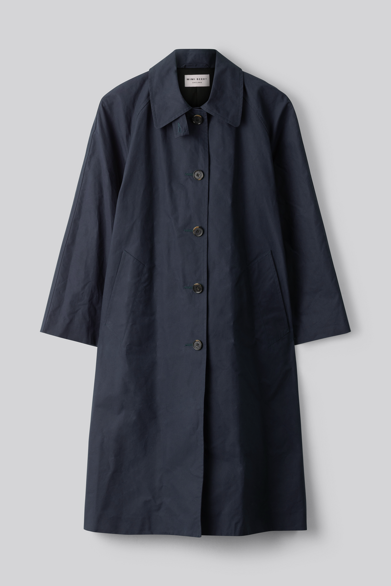 Water Resistant 100% Cotton Oilskin Overcoat - Navy