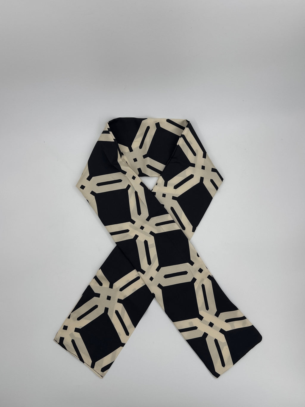 Long 100% Silk Twill Scarf - Cream and Black Mono print