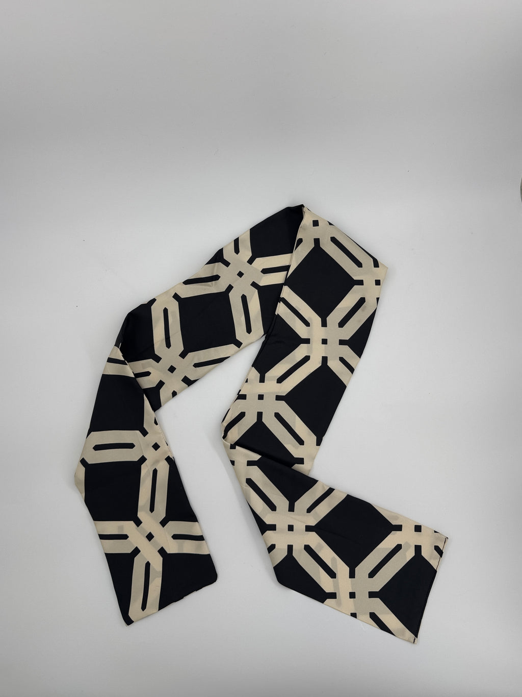 Long 100% Silk Twill Scarf - Cream and Black Mono print