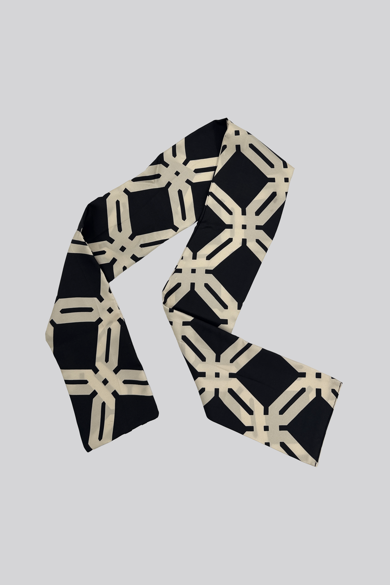 Long 100% Silk Twill Scarf - Cream and Black Mono print