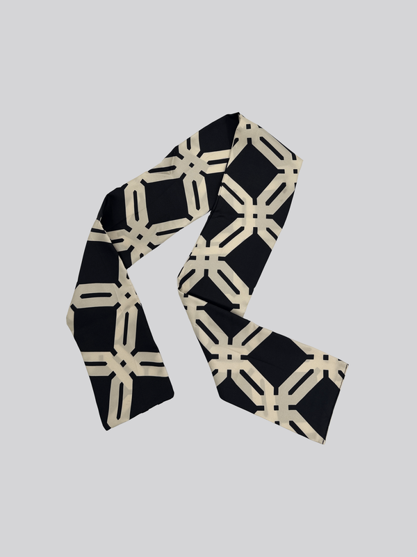 Long 100% Silk Twill Scarf - Cream and Black Mono print