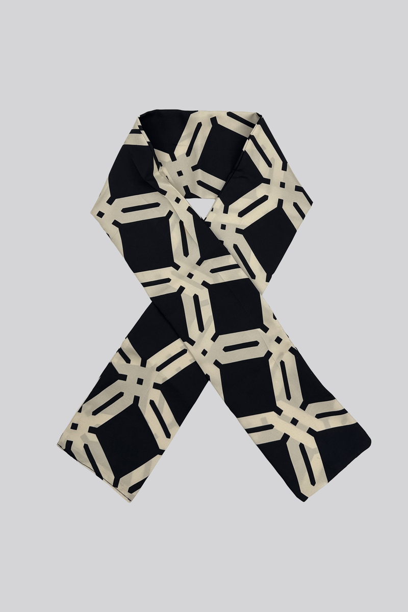 Long 100% Silk Twill Scarf - Cream and Black Mono print