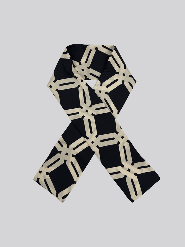 Long 100% Silk Twill Scarf - Cream and Black Mono print