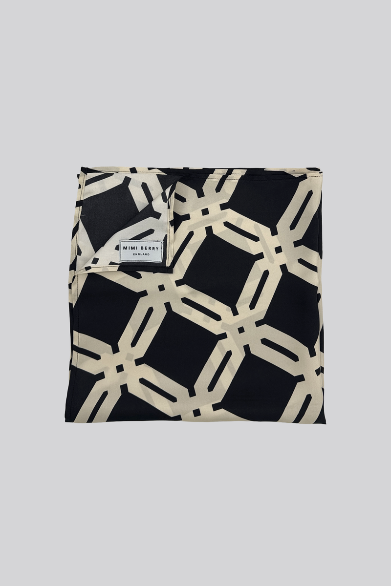 100% Silk Twill Scarf - Cream and Black Mono print